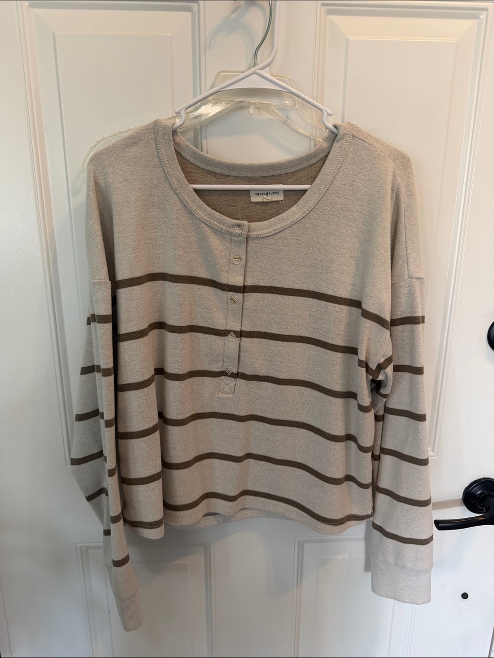 Thread & Supply Beige Stripe Henley Long-Sleeve Top